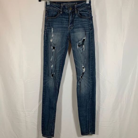 American Eagle Medium Wash Distressed High Rise Jeggings - Picture 1 of 12